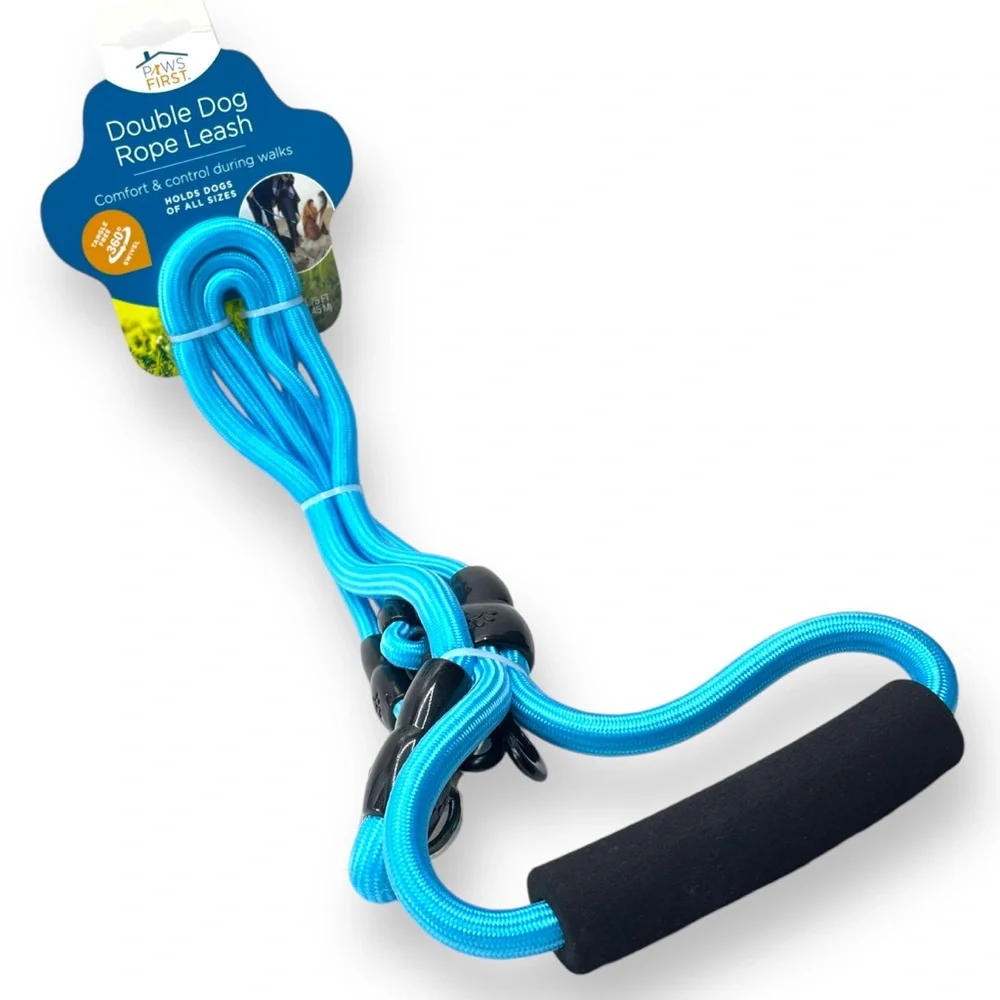 Paws First Brand New Double Dog Rope Leash Tangle Free 360 Degree Swivel 4.75 FT